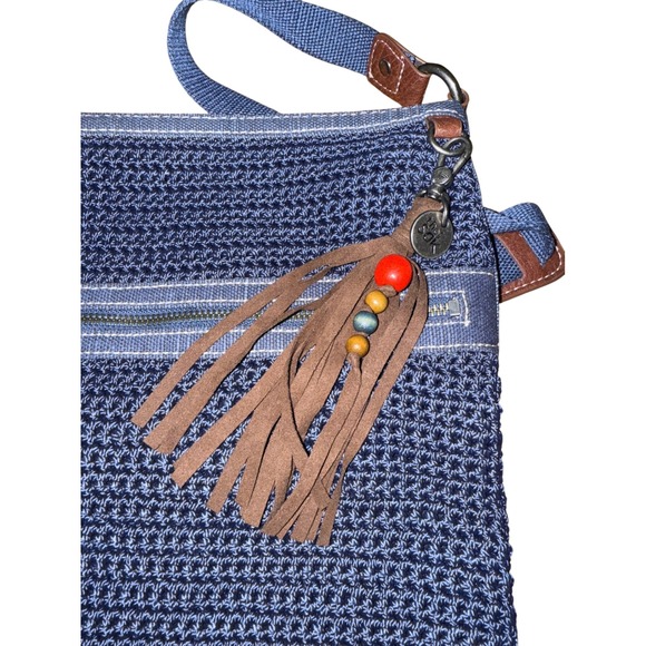 The Sak Crossbody Navy Blue Crochet Tassel Charm Zipper Pocket Bag Purse - Picture 5 of 12